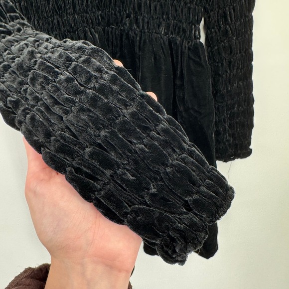 Moda International Black Crushed Velvet Long Sleeve Smocked Dress Women's Size S - Picture 3 of 9